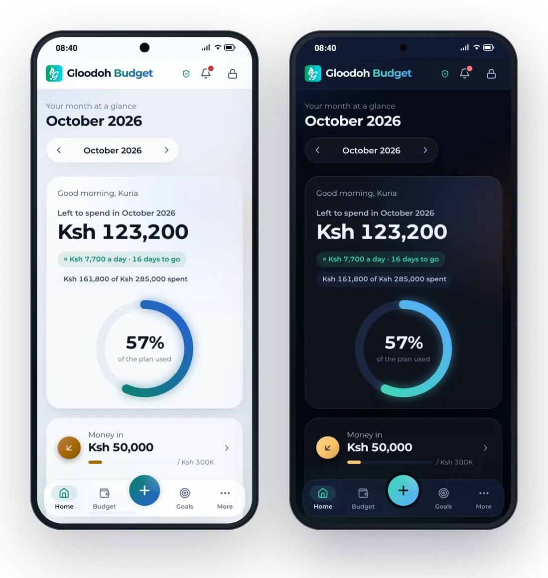 The same home screen in light mode and in dark mode.