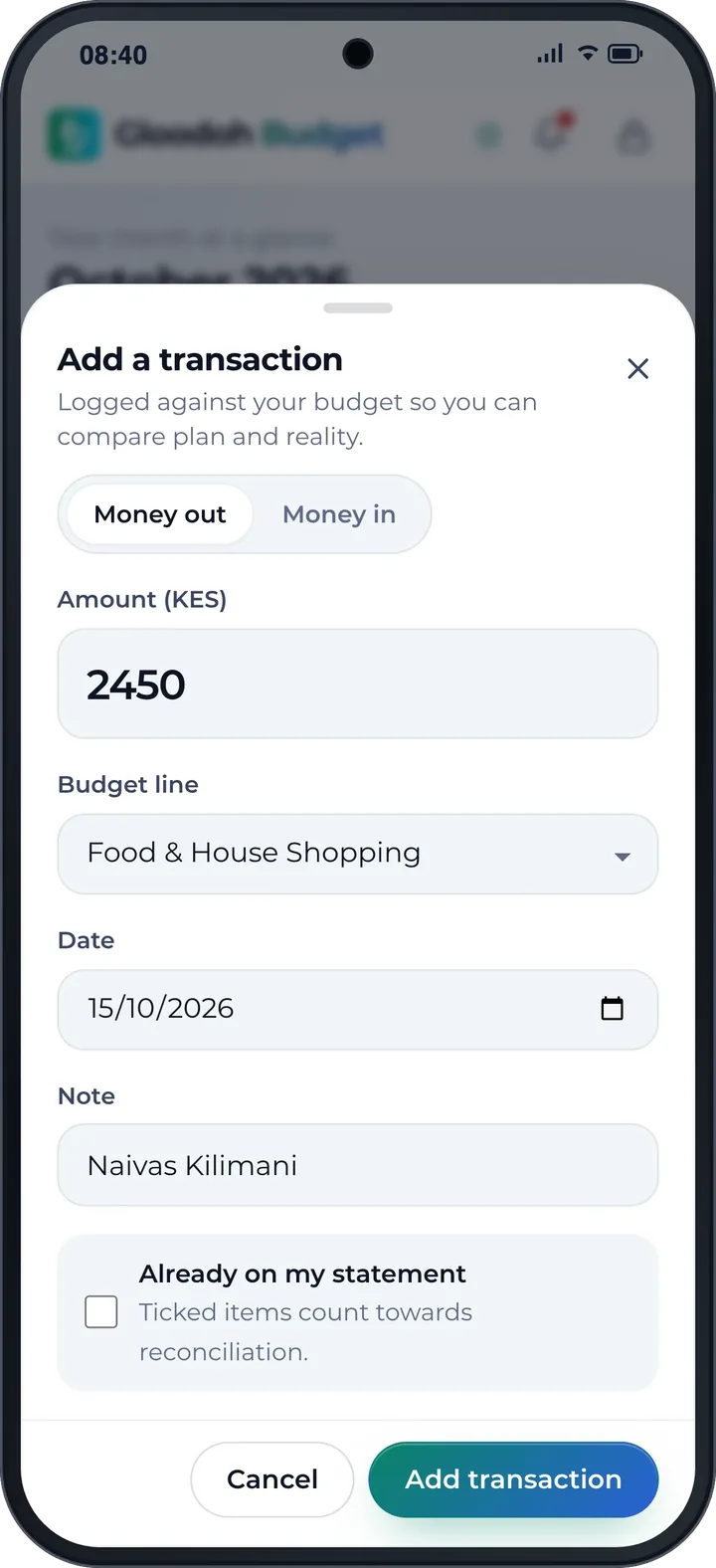 Adding Ksh 2,450 at Naivas Kilimani to Food & House Shopping.