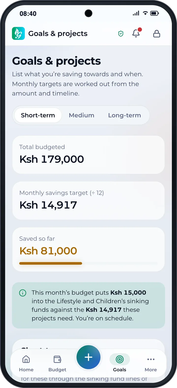 Goals: Ksh 179,000 budgeted, Ksh 14,917 a month, Ksh 81,000 saved so far.