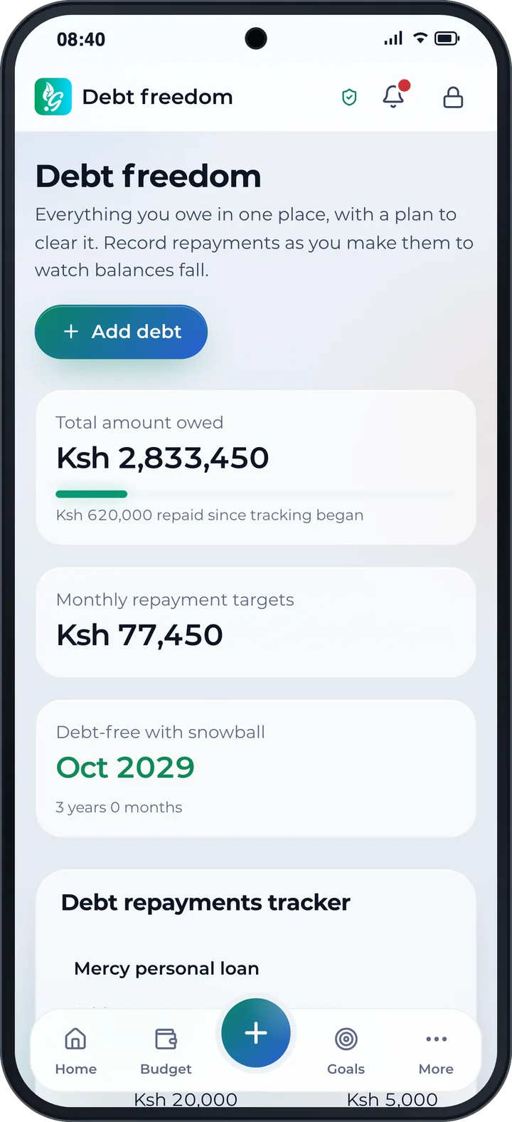 Debt freedom: Ksh 2,833,450 owed, debt-free in October 2029.