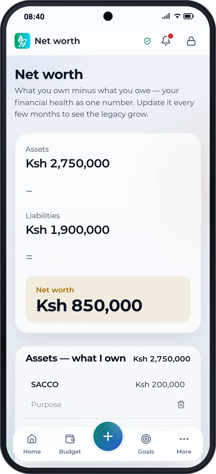 Net worth: assets Ksh 2,750,000, liabilities Ksh 1,900,000, net worth Ksh 850,000.