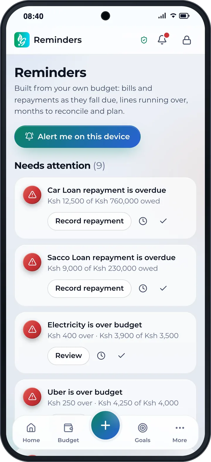 Reminders: upcoming bills and loan repayments, each with an action.