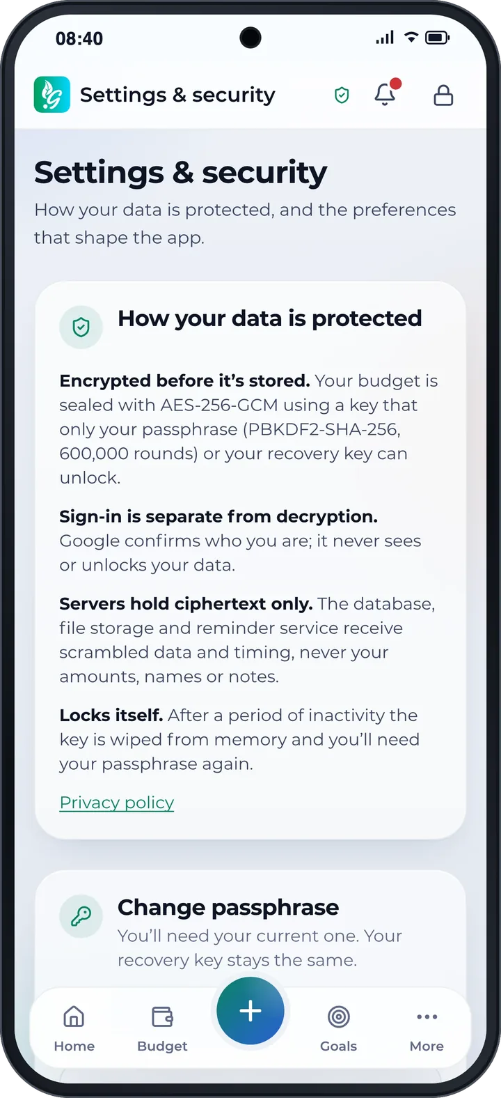 How your data is protected: encryption, sign-in and auto-lock, explained in the app.