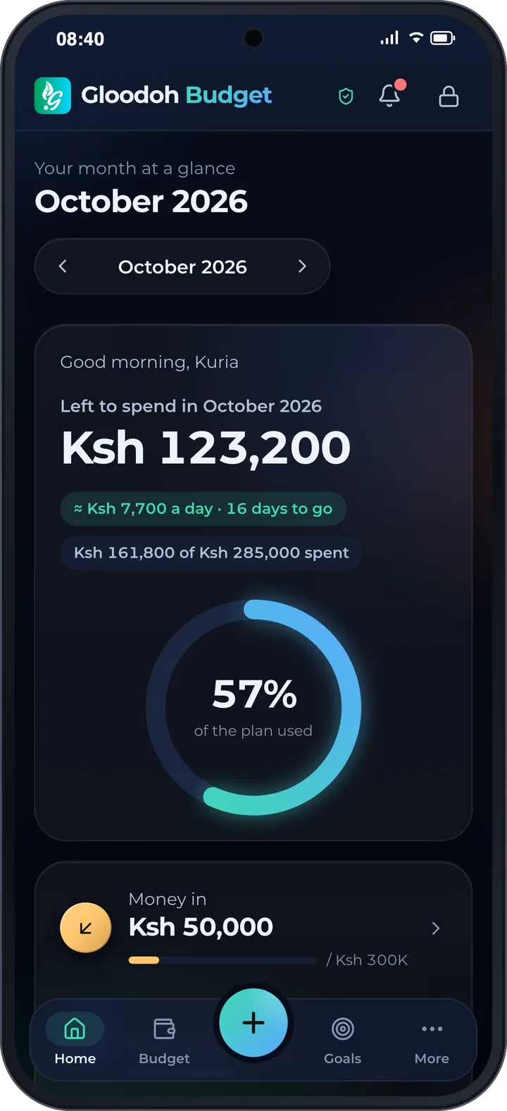 Home screen in dark mode: Ksh 123,200 left to spend in October, about Ksh 7,700 a day.