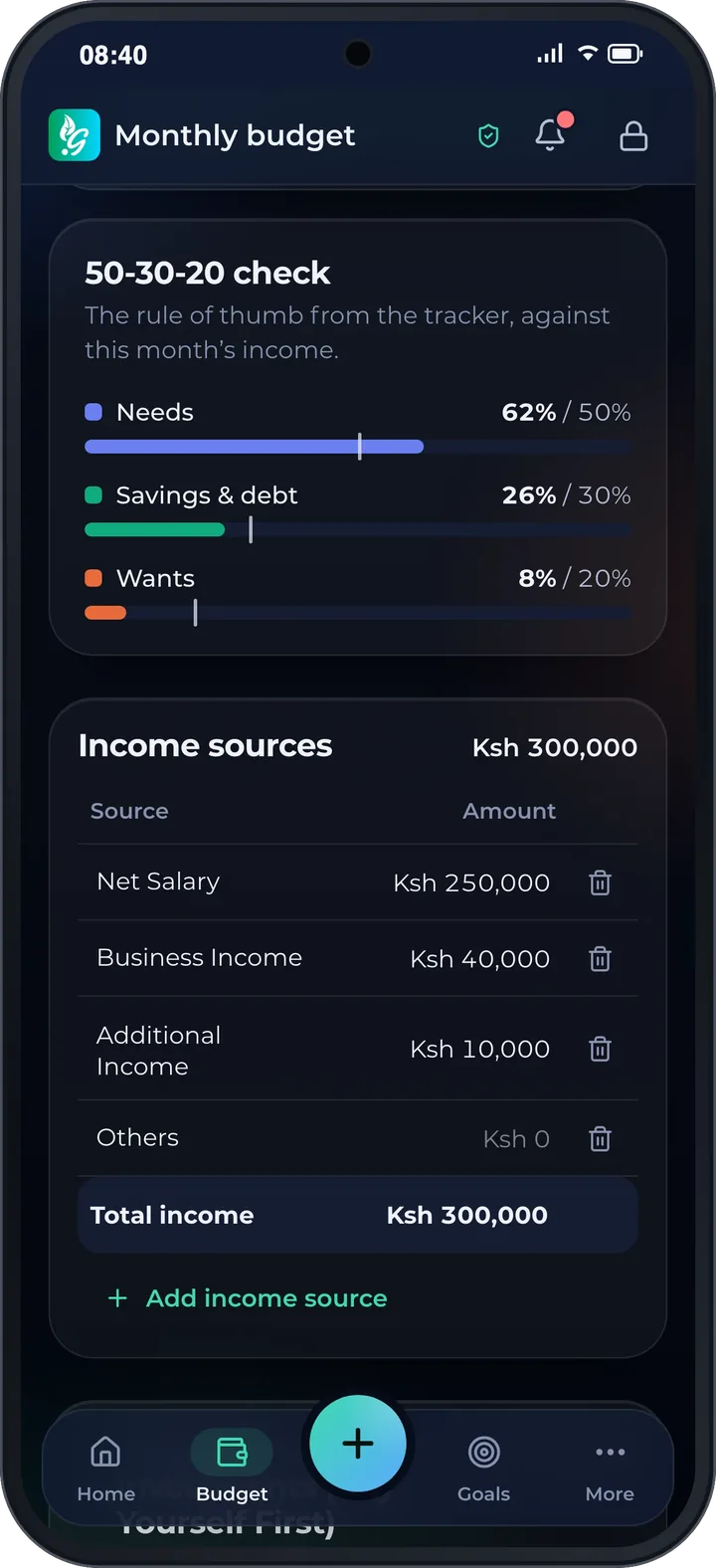 The 50-30-20 check in dark mode: needs 62%, savings and debt 26%, wants 8%.