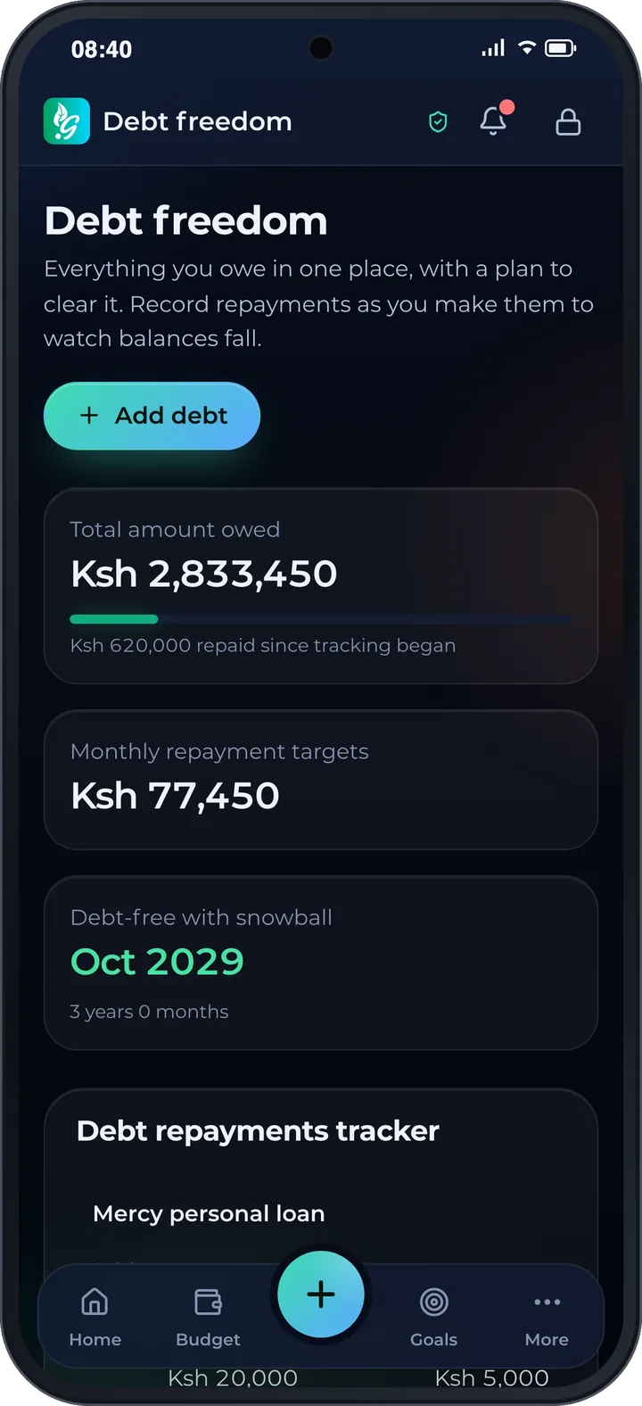Debt freedom in dark mode: Ksh 2,833,450 owed, debt-free in October 2029.